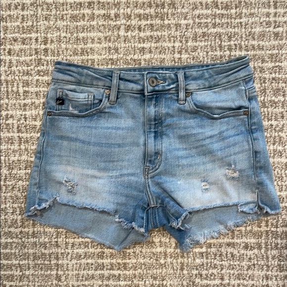 KanCan High-Waisted Blue Jean Shorts with Distressed Hem - Picture 1 of 6